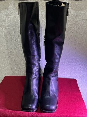 Kenneth Cole Vintage 90’s Black Leather Knee High Block Heel  Square Toe ZipBoot